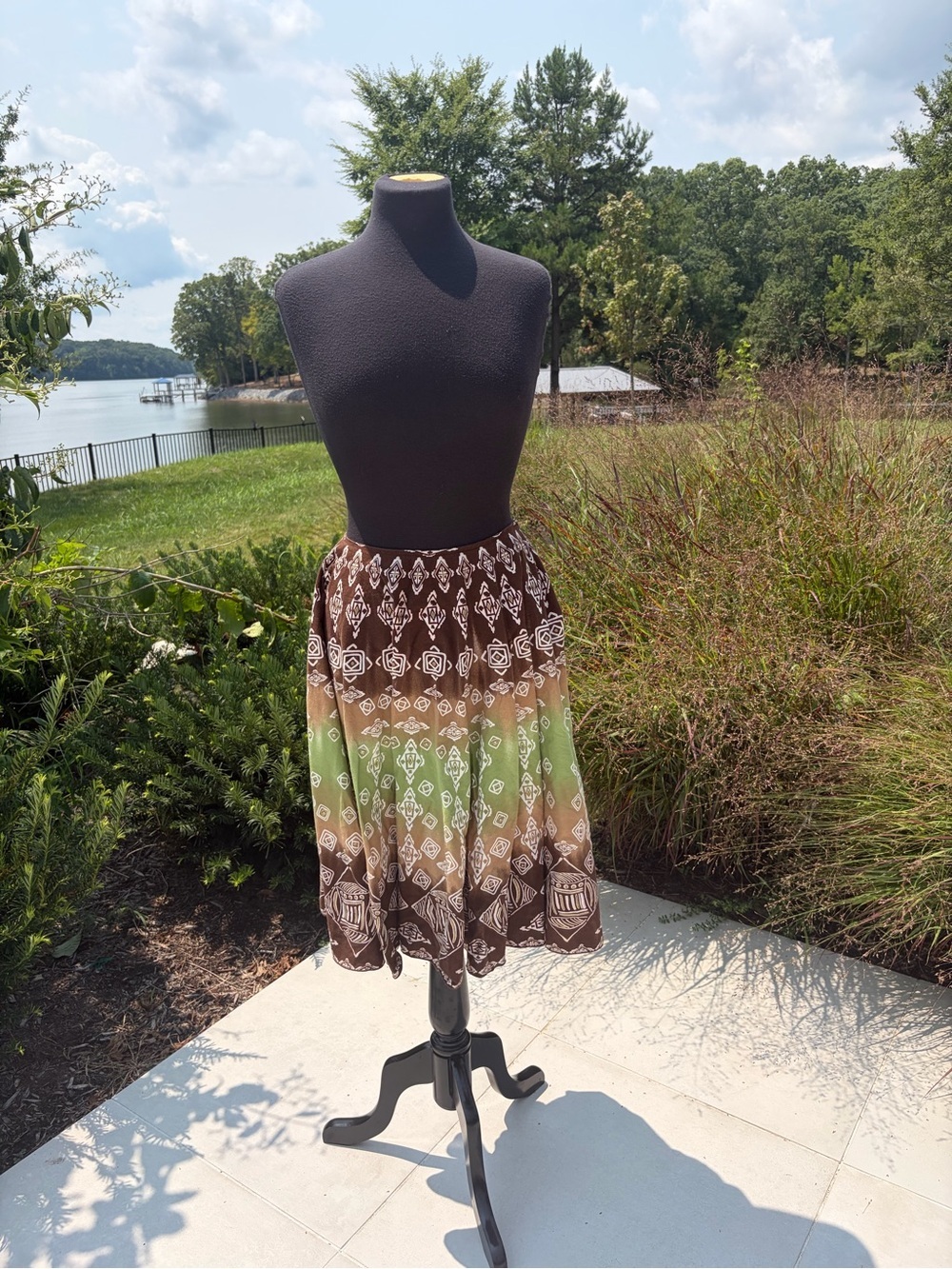 Vintage 90s Monte Brown Green Ombre Batik Print Cotton Boho Midi Skirt Sz 4